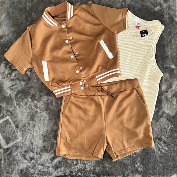 Brown Varsity Lounge Matching 2 Piece 
Set – Shorts + Snap Button Jacket – Sz L - Picture 1 of 6
